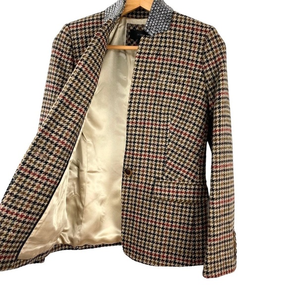 J.Crew Blazer Regent Wool Houndstooth Tan Jewel Jacket Sz 0 - Picture 5 of 10